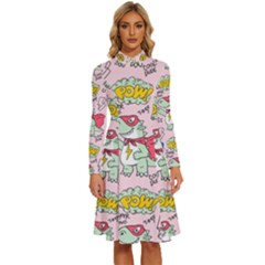 Seamless-pattern-with-many-funny-cute-superhero-dinosaurs-t-rex-mask-cloak-with-comics-style-inscrip Long Sleeve Shirt Collar A-line Dress by uniart180623