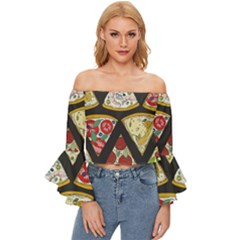 Vector-seamless-pattern-with-italian-pizza-top-view Off Shoulder Flutter Bell Sleeve Top by uniart180623