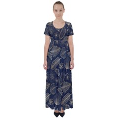 Elegant-pattern-with-golden-tropical-leaves High Waist Short Sleeve Maxi Dress by uniart180623