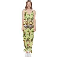 Seamless-pattern-with-flowers-owls Sleeveless Tie Ankle Chiffon Jumpsuit by uniart180623