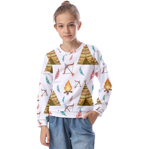 Cute-cartoon-native-american-seamless-pattern Kids  Long Sleeve Tee With Frill  by uniart180623