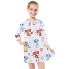 Cute-cartoon-robots-seamless-pattern Kids  Quarter Sleeve Shirt Dress by uniart180623