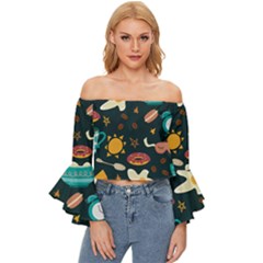 Seamless-pattern-with-breakfast-symbols-morning-coffee Off Shoulder Flutter Bell Sleeve Top by uniart180623