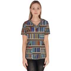 Bookshelf Women s V-neck Scrub Top by uniart180623