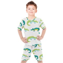 Cute-cartoon-alligator-kids-seamless-pattern-with-green-nahd-drawn-crocodiles Kids  Tee And Shorts Set by uniart180623