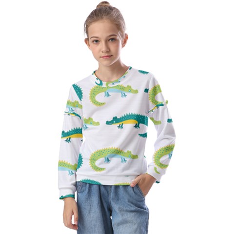 Cute-cartoon-alligator-kids-seamless-pattern-with-green-nahd-drawn-crocodiles Kids  Long Sleeve Tee With Frill  by uniart180623