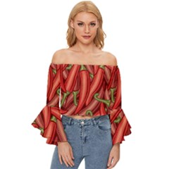 Seamless-chili-pepper-pattern Off Shoulder Flutter Bell Sleeve Top by uniart180623