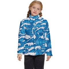 Storm-waves-seamless-pattern-raging-ocean-water-sea-wave-vintage-japanese-storms-print-illustration- Kids  Puffer Bubble Jacket Coat by uniart180623