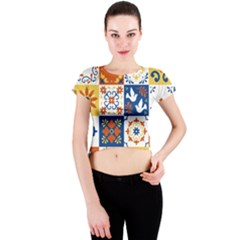 Mexican-talavera-pattern-ceramic-tiles-with-flower-leaves-bird-ornaments-traditional-majolica-style- Crew Neck Crop Top by uniart180623