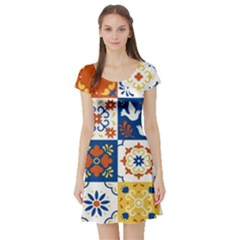 Mexican-talavera-pattern-ceramic-tiles-with-flower-leaves-bird-ornaments-traditional-majolica-style- Short Sleeve Skater Dress by uniart180623