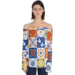 Mexican-talavera-pattern-ceramic-tiles-with-flower-leaves-bird-ornaments-traditional-majolica-style- Off Shoulder Long Sleeve Top by uniart180623