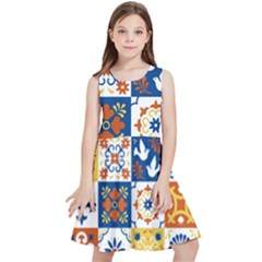 Mexican-talavera-pattern-ceramic-tiles-with-flower-leaves-bird-ornaments-traditional-majolica-style- Kids  Skater Dress by uniart180623