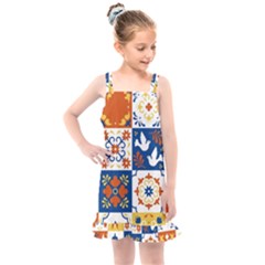 Mexican-talavera-pattern-ceramic-tiles-with-flower-leaves-bird-ornaments-traditional-majolica-style- Kids  Overall Dress by uniart180623