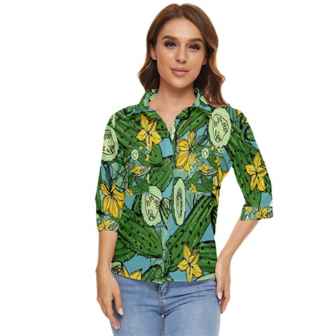 Seamless-pattern-with-cucumber-slice-flower-colorful-hand-drawn-background-with-vegetables-wallpaper Women s Quarter Sleeve Pocket Shirt by uniart180623