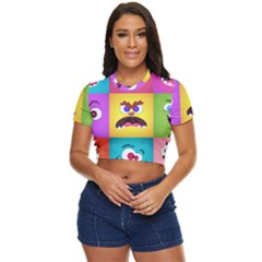 Monsters-emotions-scary-faces-masks-with-mouth-eyes-aliens-monsters-emoticon-set Side Button Cropped Tee by uniart180623