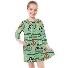 Seamless Pattern Fishes Pirates Cartoon Kids  Quarter Sleeve Shirt Dress by uniart180623