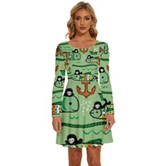 Seamless Pattern Fishes Pirates Cartoon Long Sleeve Wide Neck Velvet Dress by uniart180623