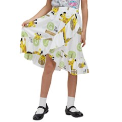 Vector-pattern-with-cute-giraffe-cartoon Kids  Ruffle Flared Wrap Midi Skirt by uniart180623