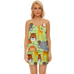 Seamless-pattern-vector-with-animals-wildlife-cartoon V-neck Satin Pajamas Set by uniart180623