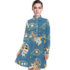 Seamless-pattern-funny-astronaut-outer-space-transportation Long Sleeve Chiffon Shirt Dress by uniart180623