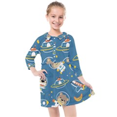 Seamless-pattern-funny-astronaut-outer-space-transportation Kids  Quarter Sleeve Shirt Dress by uniart180623