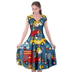 Seamless-pattern-vehicles-cartoon-with-funny-drivers Cap Sleeve Wrap Front Dress by uniart180623