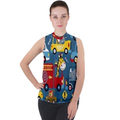 Seamless-pattern-vehicles-cartoon-with-funny-drivers Mock Neck Chiffon Sleeveless Top by uniart180623