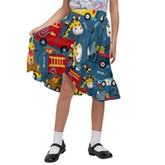 Seamless-pattern-vehicles-cartoon-with-funny-drivers Kids  Ruffle Flared Wrap Midi Skirt by uniart180623