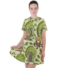 Seamless-pattern-with-trees-owls Short Sleeve Shoulder Cut Out Dress  by uniart180623