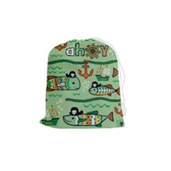 Seamless-pattern-fishes-pirates-cartoon Drawstring Pouch (medium) by uniart180623