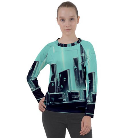 Buildings City Urban Destruction Background Women s Long Sleeve Raglan Tee by uniart180623