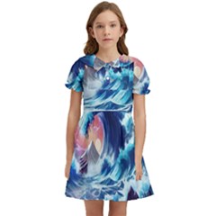 Storm Tsunami Waves Ocean Sea Nautical Nature Kids  Bow Tie Puff Sleeve Dress by uniart180623