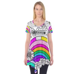 Rainbow Fun Cute Minimal Doodle Drawing Art Short Sleeve Tunic  by uniart180623