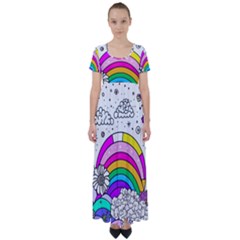 Rainbow Fun Cute Minimal Doodle Drawing Art High Waist Short Sleeve Maxi Dress by uniart180623