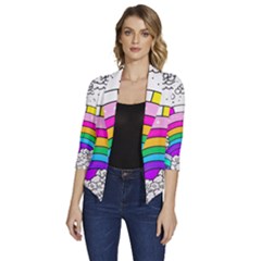 Rainbow Fun Cute Minimal Doodle Drawing Art Women s Draped Front 3/4 Sleeve Shawl Collar Jacket by uniart180623