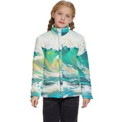 Waves Ocean Sea Tsunami Nautical Art Kids  Puffer Bubble Jacket Coat by uniart180623