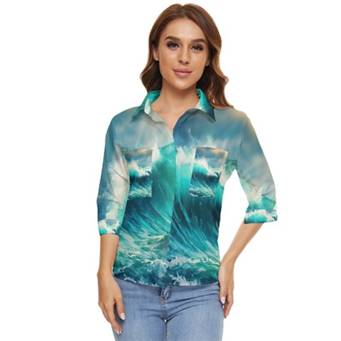 Waves Ocean Sea Tsunami Nautical Painting Women s Quarter Sleeve Pocket Shirt by uniart180623