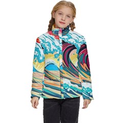 Waves Ocean Sea Tsunami Nautical Arts Kids  Puffer Bubble Jacket Coat by uniart180623