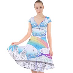 Rainbow Fun Cute Minimal Doodle Drawing Arts Cap Sleeve Front Wrap Midi Dress by uniart180623