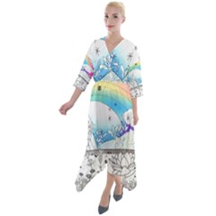 Rainbow Fun Cute Minimal Doodle Drawing Arts Quarter Sleeve Wrap Front Maxi Dress by uniart180623