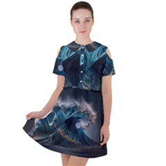 Tsunami Waves Ocean Sea Water Rough Seas Short Sleeve Shoulder Cut Out Dress  by uniart180623