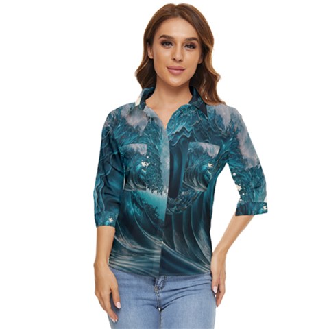 Tsunami Waves Ocean Sea Water Rough Seas Women s Quarter Sleeve Pocket Shirt by uniart180623