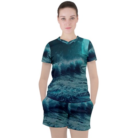 Waves Ocean Sea Tsunami Nautical Blue Sea Art Women s Tee And Shorts Set by uniart180623