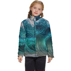 Tsunami Waves Ocean Sea Water Rough Seas Kids  Puffer Bubble Jacket Coat by uniart180623