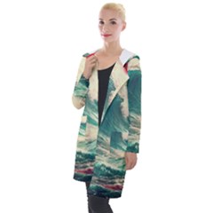 Storm Tsunami Waves Ocean Sea Nautical Nature Painting Hooded Pocket Cardigan by uniart180623