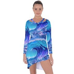 Tsunami Tidal Wave Ocean Waves Sea Nature Water Blue Asymmetric Cut-out Shift Dress by uniart180623