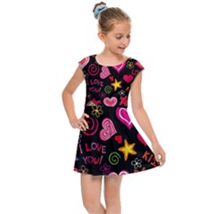 Multicolored Love Hearts Kiss Romantic Pattern Kids  Cap Sleeve Dress by uniart180623