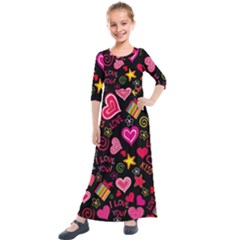 Multicolored Love Hearts Kiss Romantic Pattern Kids  Quarter Sleeve Maxi Dress by uniart180623