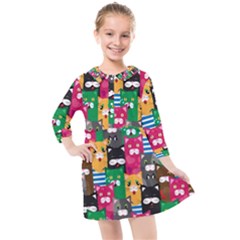 Cat Funny Colorful Pattern Kids  Quarter Sleeve Shirt Dress by uniart180623