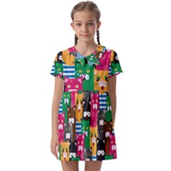 Cat Funny Colorful Pattern Kids  Asymmetric Collar Dress by uniart180623